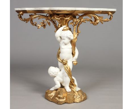 An antique Continental pine and gesso marble top console table of serpentine form and supported by two putti, 91cm high.