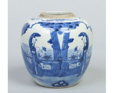 A 19th century Chinese ginger jar. Painted in underglaze blue with four figures in a garden landscape. Kangxi four character 