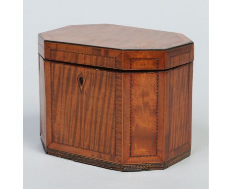 A Regency satinwood tea caddy of square canted form, crossbanded and with strung inlay, 13cm wide.    Condition Report. To be