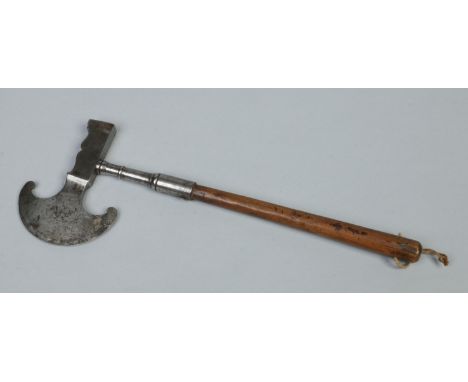 An 18th century small steel hand axe with turned fruitwood handle, 35cm.   Condition Report. To be used as a guide only.  Sma