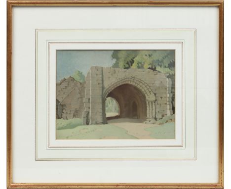Harry Epworth Allen R. B. A.  (1894-1958). Small gilt framed tempera on board, the gate house at Roche Abbey, Maltby, South Y