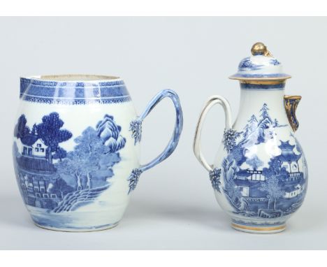 Two 18th century Chinese export jugs, one with a cover. Both decorated in underglaze blue with traditional landscape scenes, 