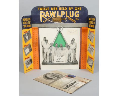 A vintage unused cardboard advertising display stand for rawl plug wall plugs and a stand for Barry Bucknell's valspar painti