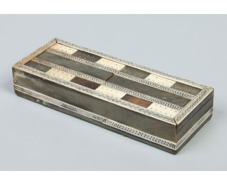 A 19th century Anglo Indian ivory and horn mounted cribbage box with penwork decoration, 25cm.   Condition Report. To be used
