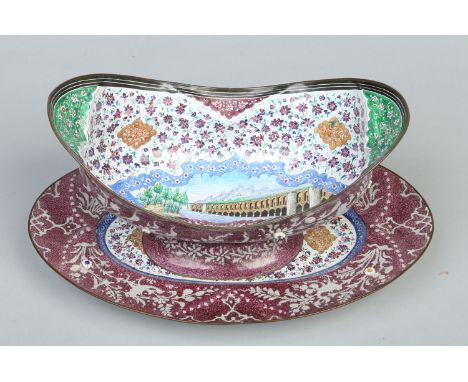 A Persian enamel ovoid bowl on stand. Purple ground and decorated with a topographical panel, each piece signed to the unders
