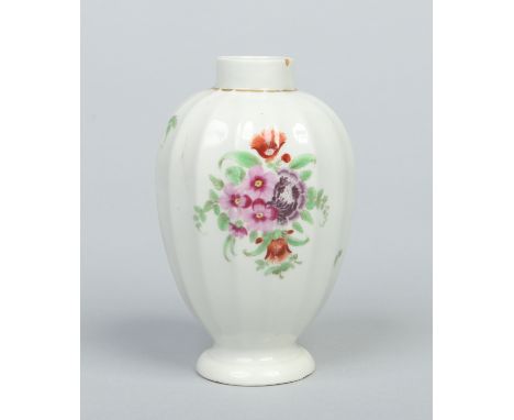 A Worcester faceted tea jar decorated in coloured enamels with scattered sprigs, c1780, 12cm.   Condition Report. To be used 