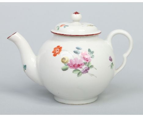 A Derby small globular teapot and cover. With brown enamel rims and decorated in coloured enamels with scattered sprigs, c176