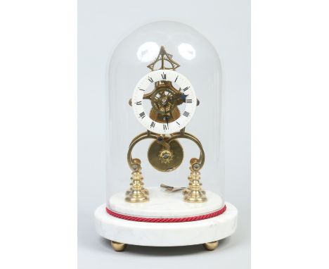 A brass single fusee skeleton clock under glass dome and raised on a stepped circular marble plinth. With anchor escapement a