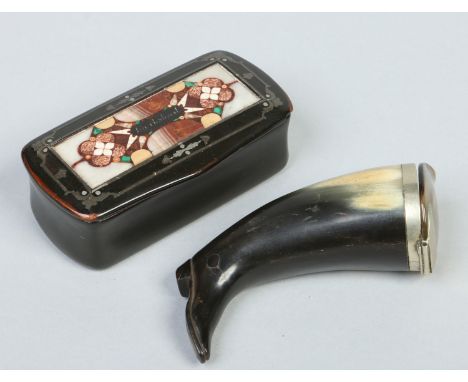 A Victorian lacquered papier mache snuff box with hardstone inlaid top inscribed Karlsbad, along with a horn snuff mull in th