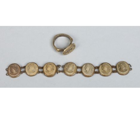 A lava cameo bracelet and an antique seal ring.    Condition Report. To be used as a guide only.  Bracelet clasp not function