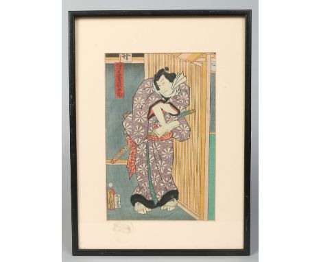 A framed Japanese coloured woodblock print, portrait of a Samurai, 34cm x 22cm.   Condition Report. To be used as a guide onl