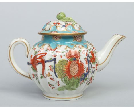 A Worcester reeded teapot and cover with turquoise lambrequin borders and decorated in the kakiemon palette with the Jabberwo