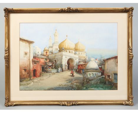 Noel Harry Leaver A. R. C. A. (1889-1951). A gilt framed watercolour, middle Eastern temple with figures. Signed, 34cm x 50cm