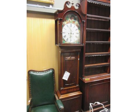 A 19th century Scottish mahogany longcase clock, with painted arched dial, 8 day movement, by Duff and Miller, Paisley, 220 c