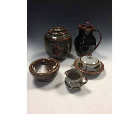 Harry & May Davis (Harry, 1910-1986), a small collection of Crowan Pottery wares, comprising an iron glaze butter dish and co