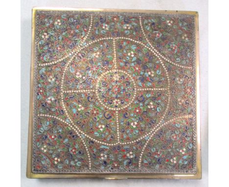 An Iranian cloisonne enamel decorated cigarette box, with gilt metal interior, 20.5cm square  