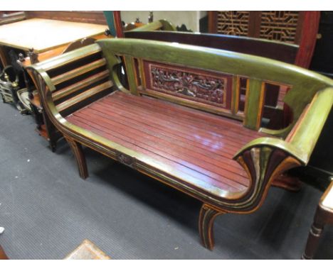 A stained and green painted hardwood bench 155cm wide  