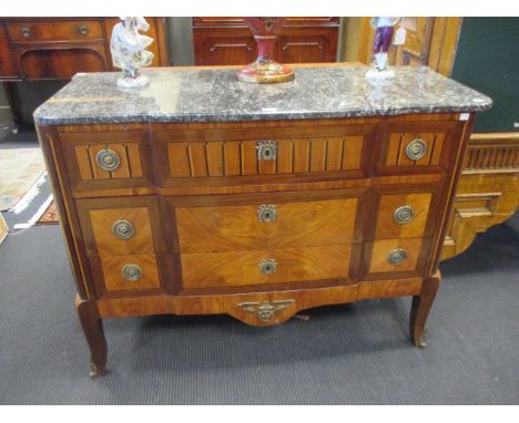 A Continental three drawer commode with grey marble top, 86 x 118 x 49cm  