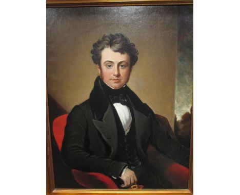 English School, 19th century, portrait of a gentleman, seated in a red chair with a landscape to the right, oil on canvas, 90