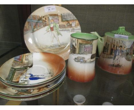 A Royal Doulton Dickens Ware tea service, each piece with named characters, comprising a teapot and cover, milk jug, sugar bo