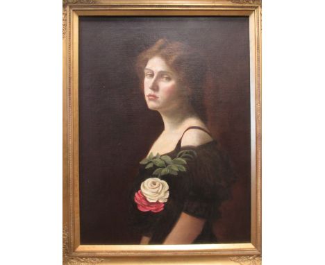 Follower of James Sant, CVO, RA (British, 1820-1916) Portrait of a lady, half length, in a black dress with roses at her brea