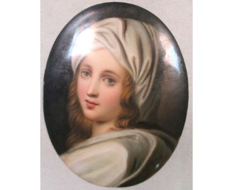 A 19th century porcelain oval plaque, painted after Guido Reni with a portrait of Beatrice Cenci, 13 x 10cm (5 x 4in)  Good c