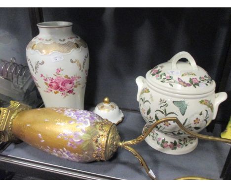 An early 20th century giltmetal and porcelain lamp, a Portmerion tureen and a German porcelain vase and cover  