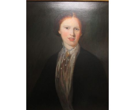 Scottish School, 19th Century Portrait of a Scottish girl with red hair, head and shoulders, in a black jacket, white lace st