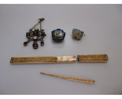 Two enamel continental silver charms, a gold toothpick holder with toothpick and an enamel stone set drop pendant (4)  