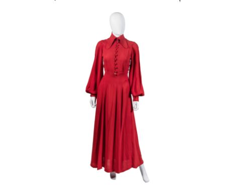 Ossie Clark for RadleyBright Red Crepe Balloon Sleeve Dress, 1970sButton down front with oversized collarLabelled size 34, 32