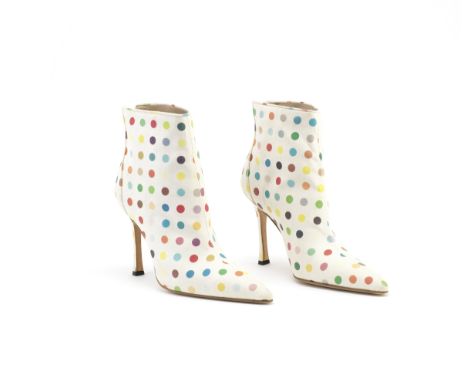 Damien Hirst for Manolo BlahnikSpot Boots, circa 2002White canvas with multi-colour spot designSize 39, Includes original box