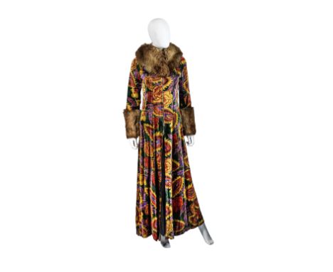 AristosMulti-Coloured Rayon Velvet Maxi Coat, circa 1971Exaggerated faux fur collar and cuffs, labelled 'Aristos'Labelled siz
