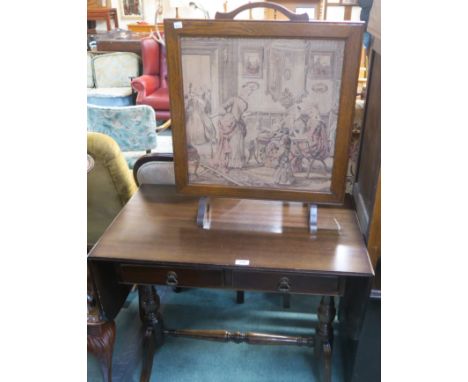 A 20th century mahogany sofa table, 73cm high,84cm wide and 51cm deep, and a tapestry fire screen.(2) Condition Report: Avail