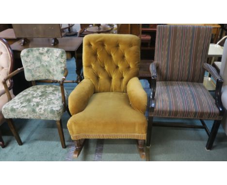 A button back rocking chair,oak framed upholstered armchair and another upholstered armchair (3) Condition Report: condition 