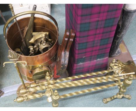 A copper and brass bound coal bucket with assorted fire tools Condition Report: Available upon request