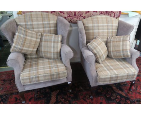 Pair of modern armchairs upholstered in tweed fabric with associated scatter cushions 110 cm high,90 cm wide and 76cm deep (2