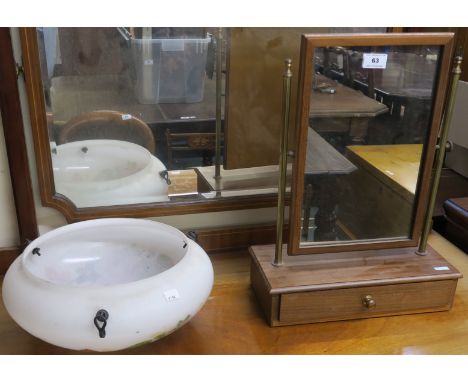 A Victorian oak framed and tapestry upholstered stool, single drawer dressing mirror and a glass ceiling shade (3) Condition 