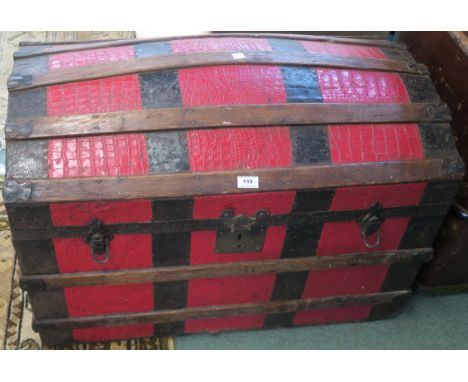 A Victorian wood bound dome top trunk, 62cm high, 88cm wide and 50cm deep. And another wood bound travel trunk (2) Condition 