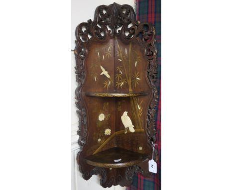 An oriental two tier hanging wall shelf inlaid with bone carvings, 75cm high x 30cm wide. Condition Report: Shelf is in good 