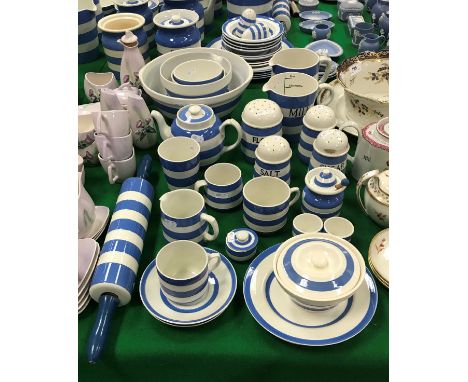 A collection of T G Green &amp; Co cornishware blue and white china to include milk jug, flour caster, sugar caster x 2, salt