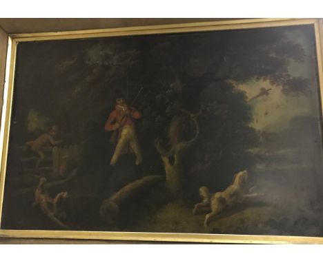 19TH CENTURY ENGLISH SCHOOL "Pheasant Shooting Scene" with gentleman in red jacket, another climbing a gate in the background