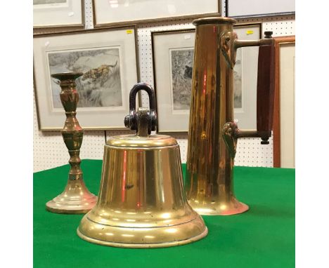 A brass bell, brass jug in the Art Nouveau style, brass candlestick, walnut and inlaid writing slope