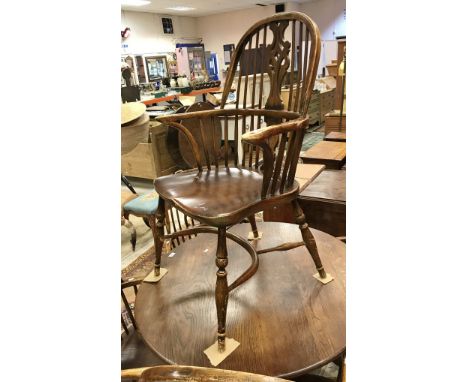 A set of six modern ash and oak Thames Valley style stick-back chairs on turned legs united by crinoline stretchers