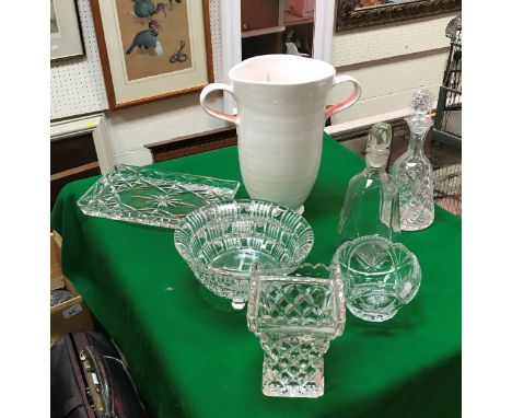 A box of various china and glass ware including decanters, shoe rack, cushions, box of lamps, Post Office game and lamp shade