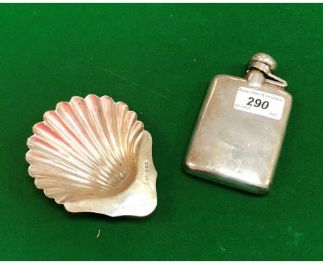 A silver scallop dish (Sheffield 1900) by Mappin &amp; Webb together with a silver hip flask approximately 5.5 oz