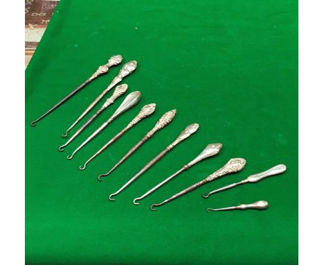 Eleven various silver handled button hooks various dates and makes
