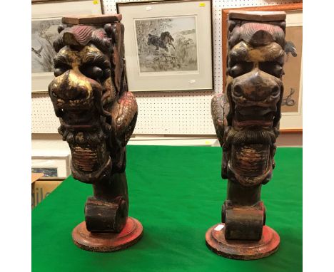 Two 19th Century Chinese carved wood gilded and painted brackets as four toed dragons on scroll bases