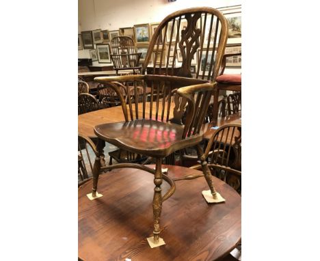 A set of five modern ash and oak Thames Valley style stick-back chairs on turned legs united by crinoline stretchers