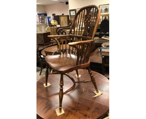 A set of six modern ash and oak Thames Valley style stick-back chairs on turned legs united by crinoline stretchers