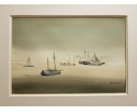 SYBIL MULLEN GLOVER "Seascape with fishing vessels" watercolour signed lower right together with three further paintings and 